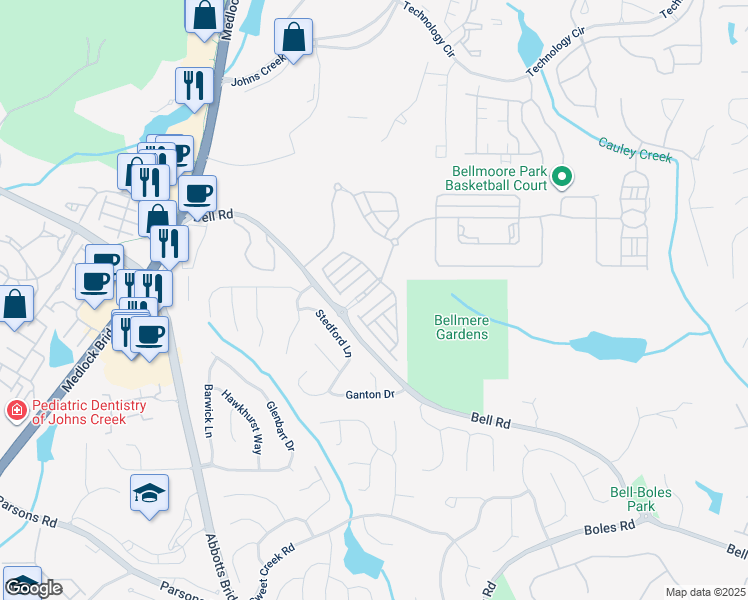 map of restaurants, bars, coffee shops, grocery stores, and more near 5011 Bellmoore Park Ln in Johns Creek