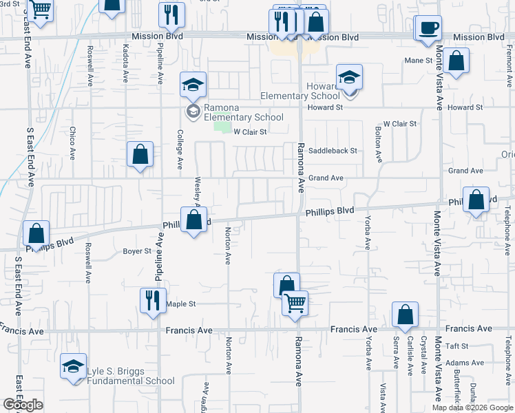 map of restaurants, bars, coffee shops, grocery stores, and more near 4387 Monte Verde Avenue in Pomona