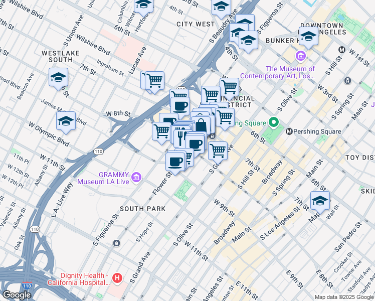 map of restaurants, bars, coffee shops, grocery stores, and more near 810 South Flower Street in Los Angeles