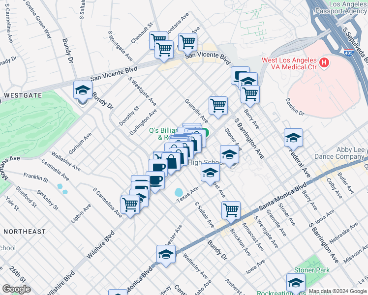 map of restaurants, bars, coffee shops, grocery stores, and more near 11920 Goshen Avenue in Los Angeles