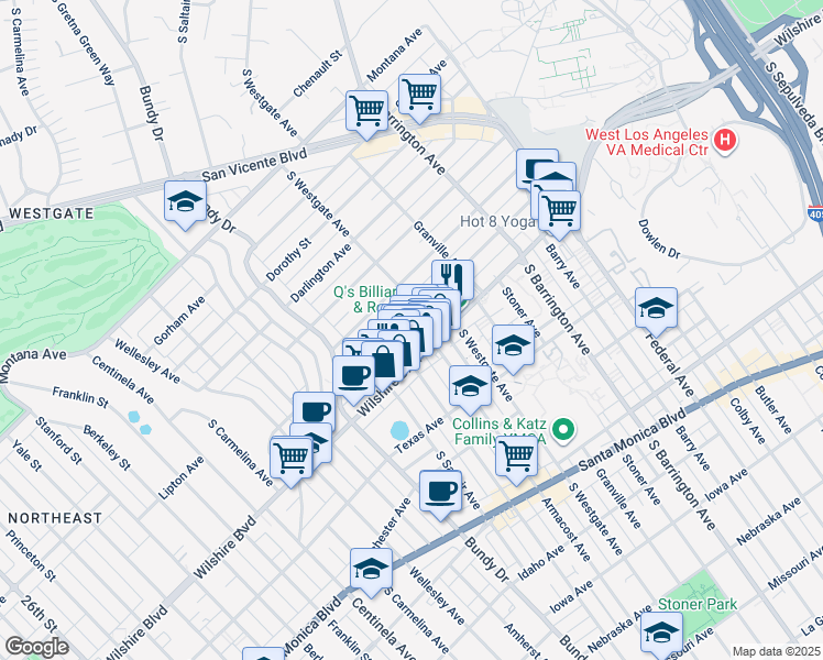 map of restaurants, bars, coffee shops, grocery stores, and more near 11920 Goshen Avenue in Los Angeles
