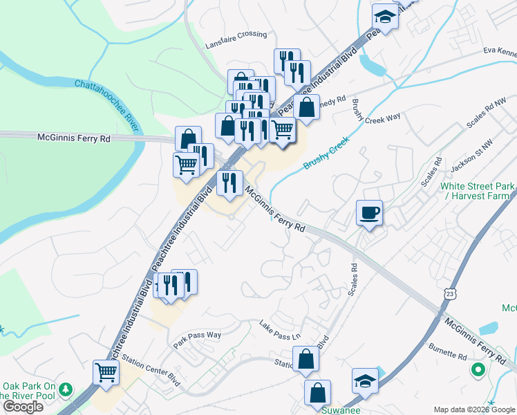 map of restaurants, bars, coffee shops, grocery stores, and more near 901 Sunset Park Drive in Suwanee