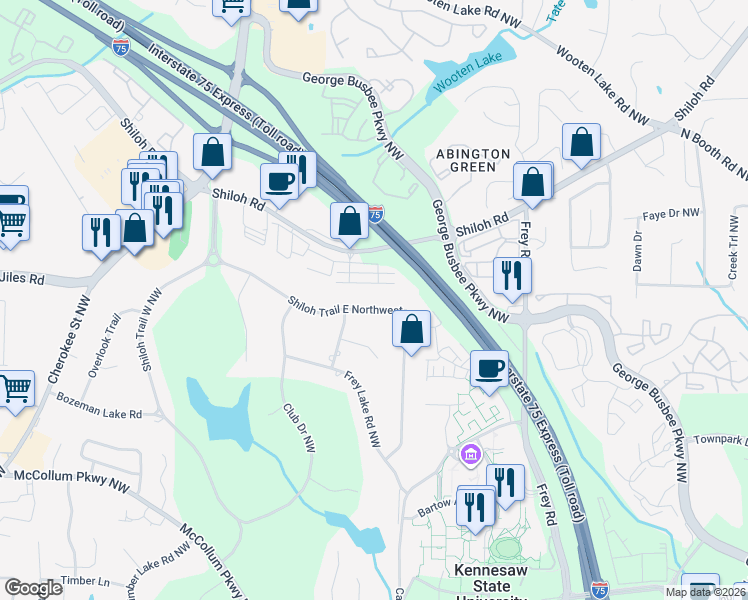 map of restaurants, bars, coffee shops, grocery stores, and more near 1326 Shiloh Trail East Northwest in Kennesaw