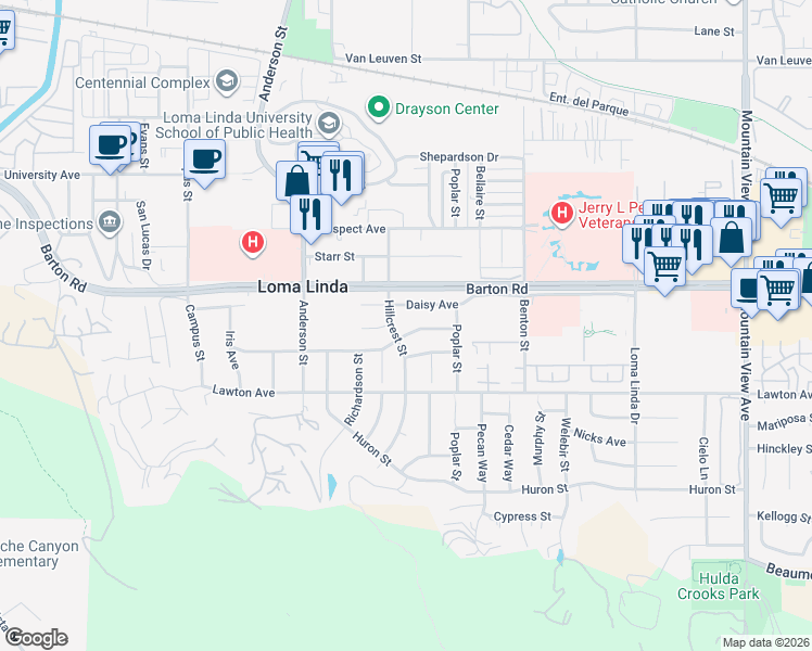 map of restaurants, bars, coffee shops, grocery stores, and more near 25070 Tulip Avenue in Loma Linda