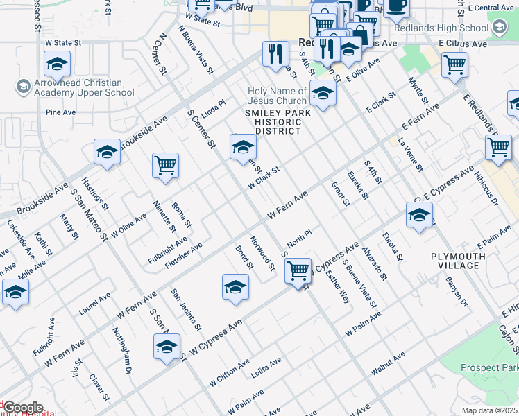 map of restaurants, bars, coffee shops, grocery stores, and more near 337 South Center Street in Redlands