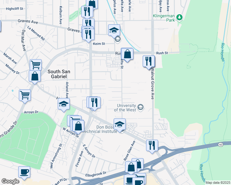 map of restaurants, bars, coffee shops, grocery stores, and more near 1605 Delta Street in Rosemead