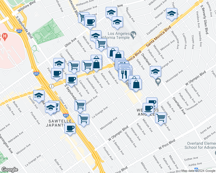 map of restaurants, bars, coffee shops, grocery stores, and more near 10935 Missouri Avenue in Los Angeles