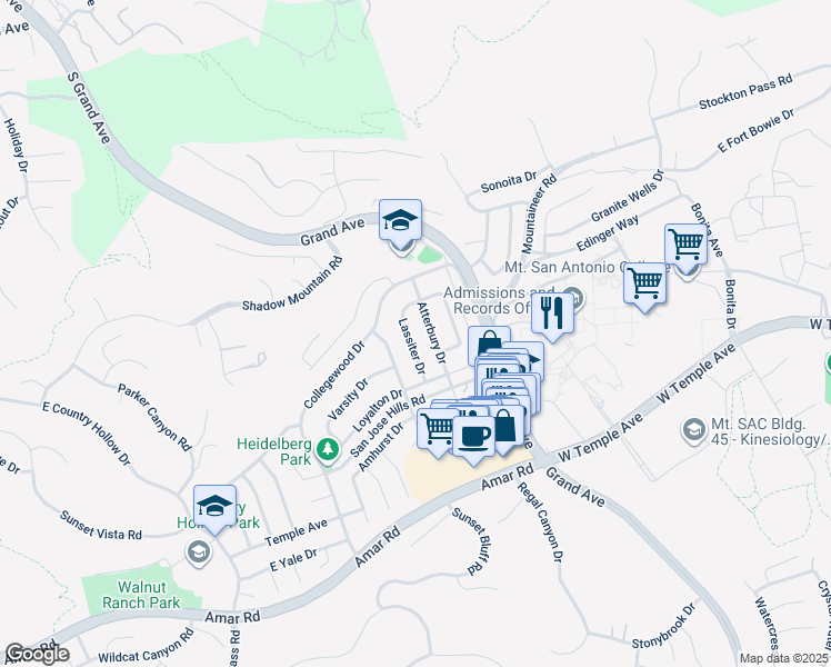 map of restaurants, bars, coffee shops, grocery stores, and more near 1442 Lassiter Drive in Walnut