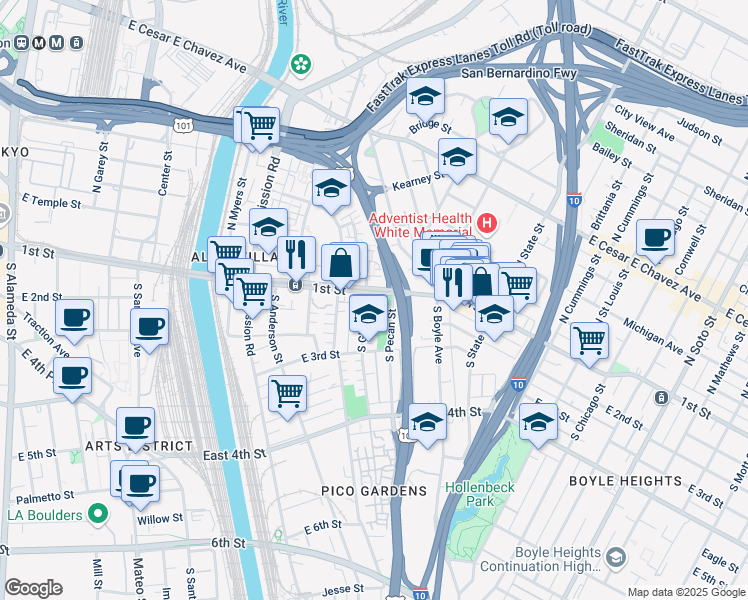 map of restaurants, bars, coffee shops, grocery stores, and more near 120 South Gless Street in Los Angeles