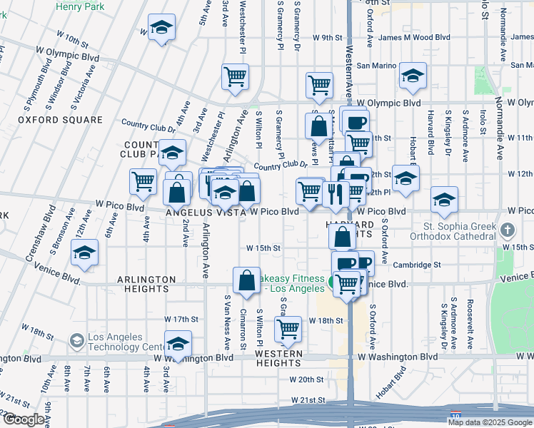 map of restaurants, bars, coffee shops, grocery stores, and more near 3260 West Pico Boulevard in Los Angeles