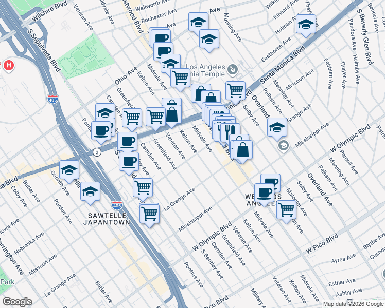 map of restaurants, bars, coffee shops, grocery stores, and more near 10935 Missouri Avenue in Los Angeles