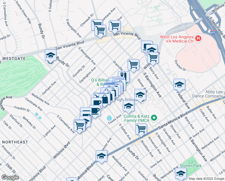 map of restaurants, bars, coffee shops, grocery stores, and more near 11920 Goshen Avenue in Los Angeles