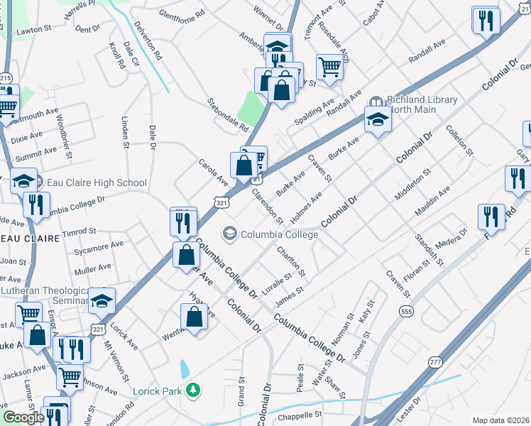map of restaurants, bars, coffee shops, grocery stores, and more near 4883-4889 Burke Avenue in Columbia
