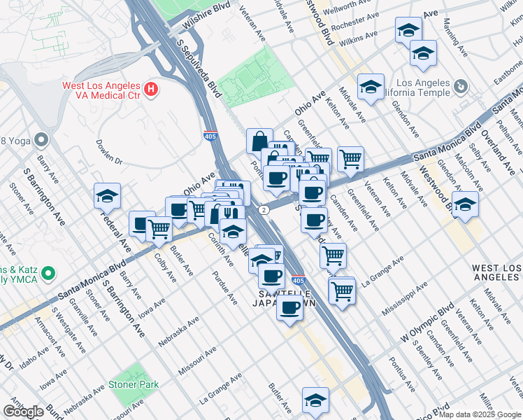 map of restaurants, bars, coffee shops, grocery stores, and more near 11185 California 2 in Los Angeles