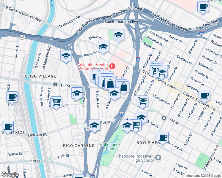 map of restaurants, bars, coffee shops, grocery stores, and more near 1853 East 1st Street in Los Angeles