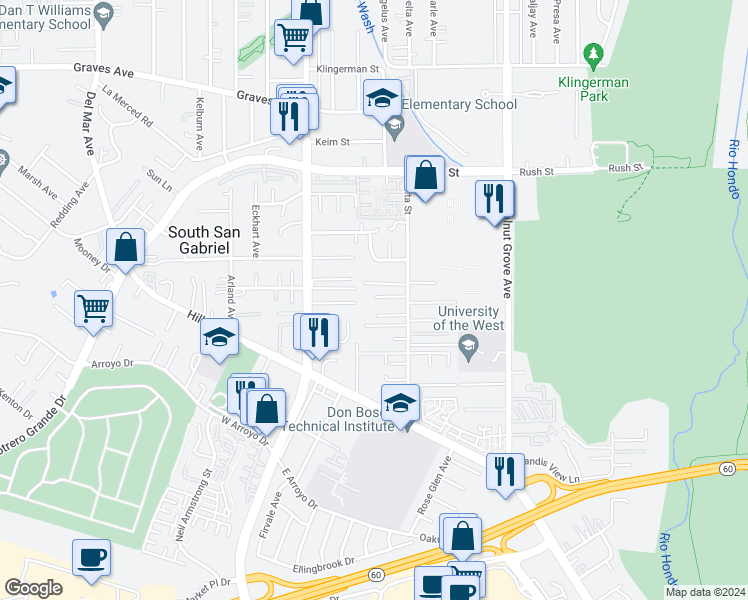 map of restaurants, bars, coffee shops, grocery stores, and more near 1605 Delta Street in Rosemead
