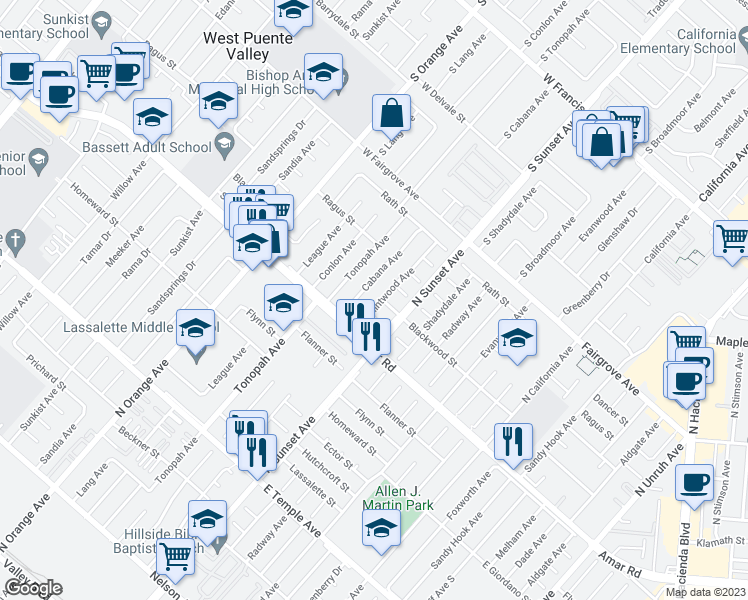 map of restaurants, bars, coffee shops, grocery stores, and more near 943 Clintwood Avenue in La Puente