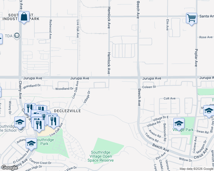 map of restaurants, bars, coffee shops, grocery stores, and more near 11353 Zinnia Way in Fontana