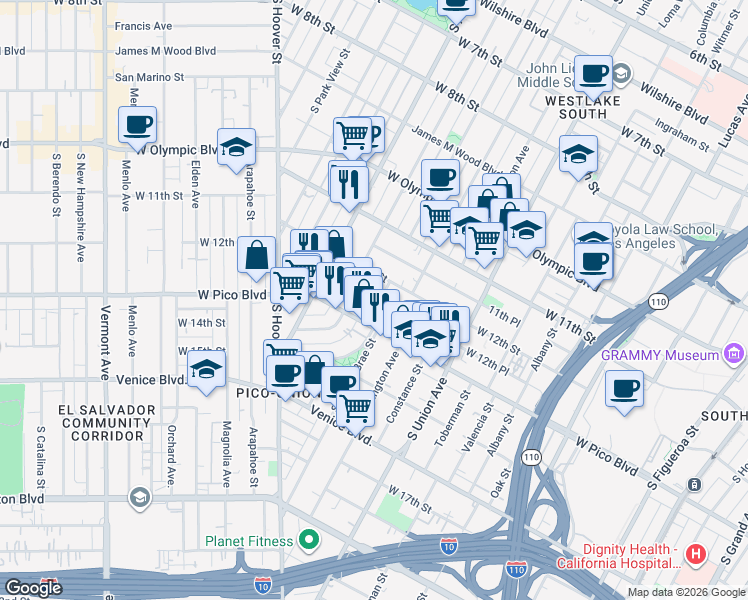 map of restaurants, bars, coffee shops, grocery stores, and more near 1222 South Bonnie Brae Street in Los Angeles