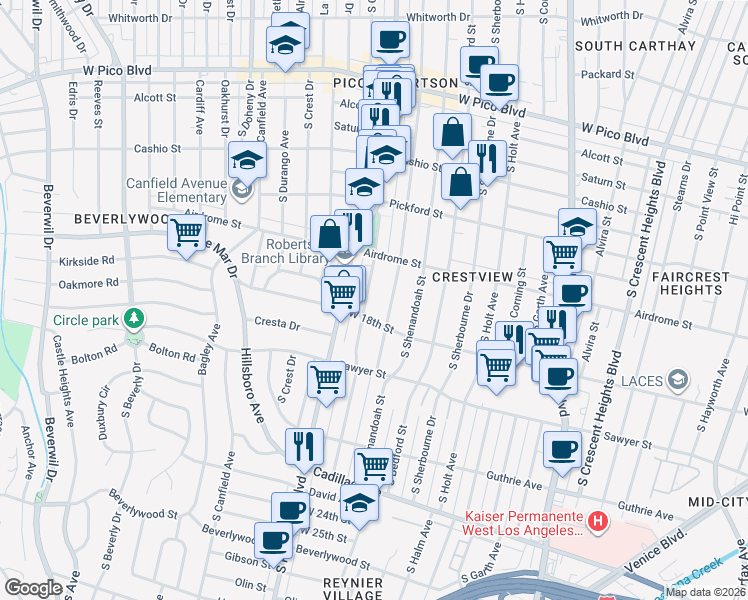 map of restaurants, bars, coffee shops, grocery stores, and more near 1762 Preuss Road in Los Angeles