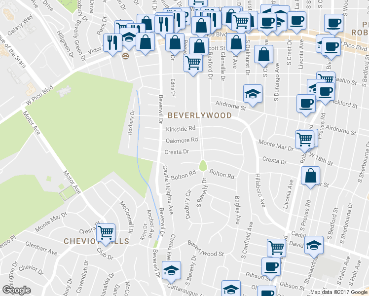 map of restaurants, bars, coffee shops, grocery stores, and more near 9539 Cresta Drive in Los Angeles