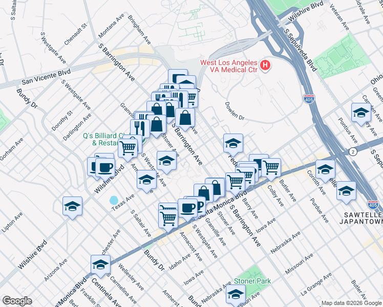map of restaurants, bars, coffee shops, grocery stores, and more near 11701 Texas Avenue in Los Angeles