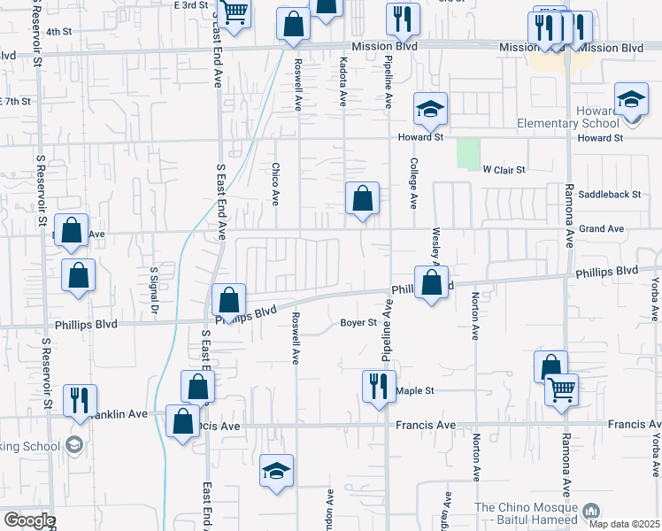 map of restaurants, bars, coffee shops, grocery stores, and more near 11415 Hartford Lane in Pomona