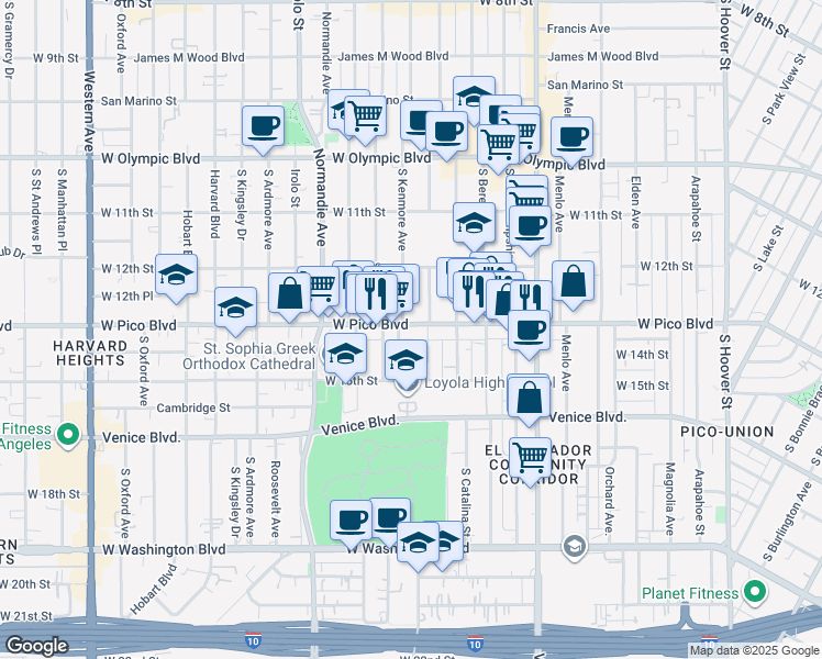 map of restaurants, bars, coffee shops, grocery stores, and more near 2229 Venice Boulevard in Los Angeles