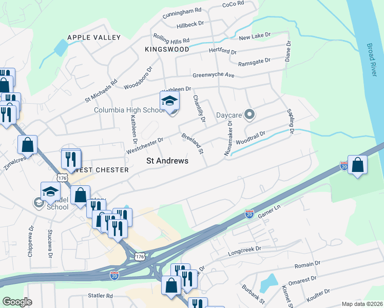 map of restaurants, bars, coffee shops, grocery stores, and more near 224 Saint Andrews Place Drive in Columbia