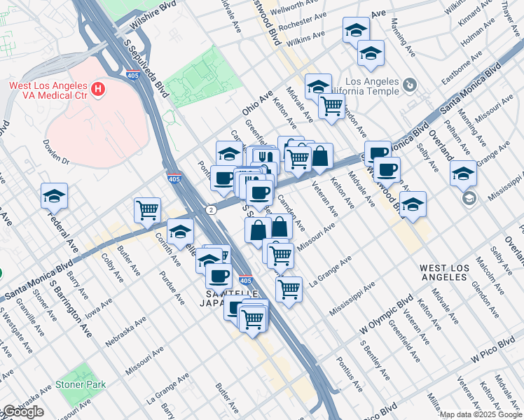 map of restaurants, bars, coffee shops, grocery stores, and more near 1727 South Bentley Avenue in Los Angeles