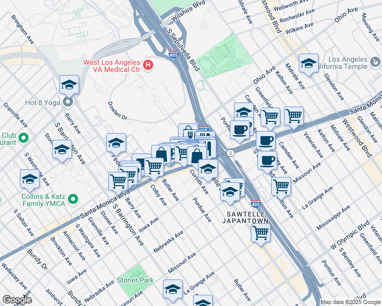 map of restaurants, bars, coffee shops, grocery stores, and more near 1601 Sawtelle Boulevard in Los Angeles
