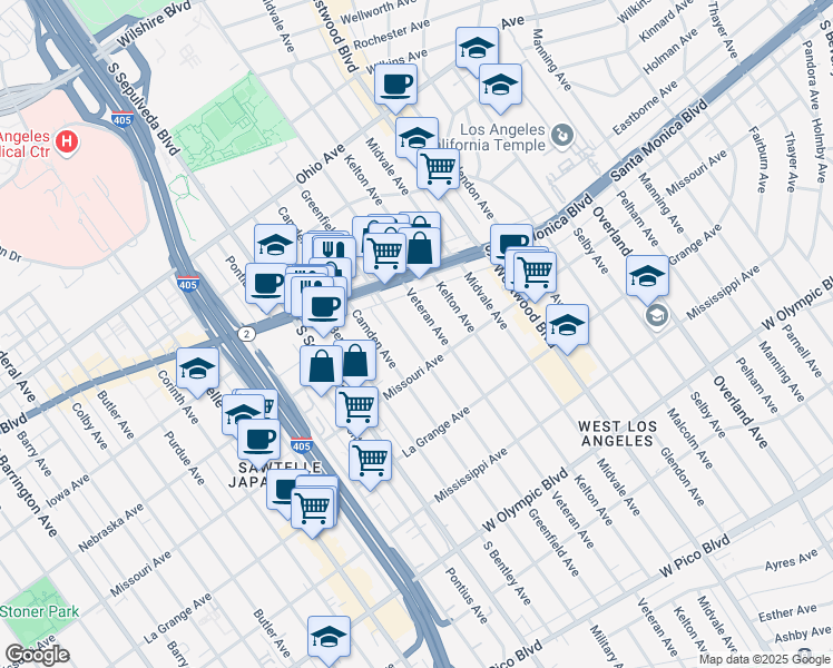 map of restaurants, bars, coffee shops, grocery stores, and more near 1866 Greenfield Avenue in Los Angeles