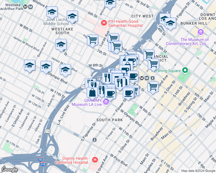 map of restaurants, bars, coffee shops, grocery stores, and more near 889 Francisco Street in Los Angeles