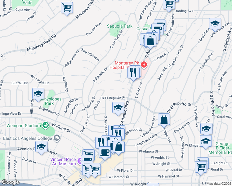 map of restaurants, bars, coffee shops, grocery stores, and more near in Monterey Park