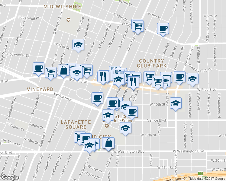 map of restaurants, bars, coffee shops, grocery stores, and more near 1320 Crenshaw Boulevard in Los Angeles