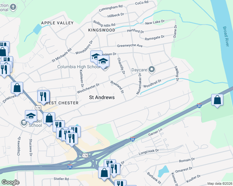 map of restaurants, bars, coffee shops, grocery stores, and more near 224 Saint Andrews Place Drive in Columbia