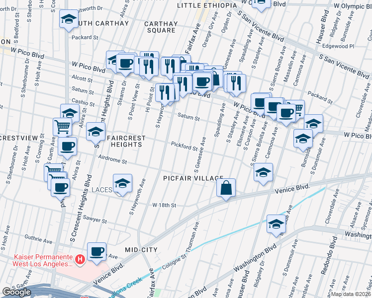 map of restaurants, bars, coffee shops, grocery stores, and more near 1603 South Ogden Drive in Los Angeles