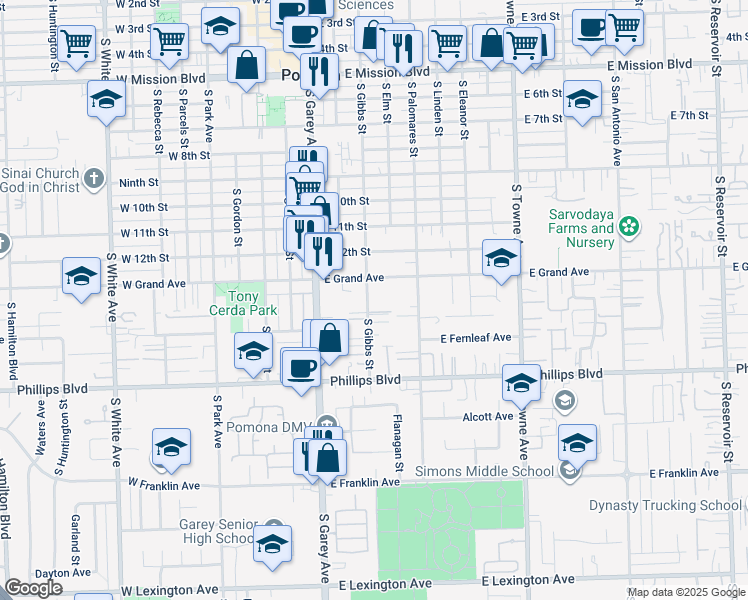 map of restaurants, bars, coffee shops, grocery stores, and more near 1340 South Gibbs Street in Pomona