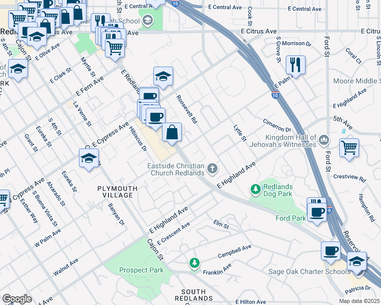 map of restaurants, bars, coffee shops, grocery stores, and more near 812 Orchard Drive in Redlands