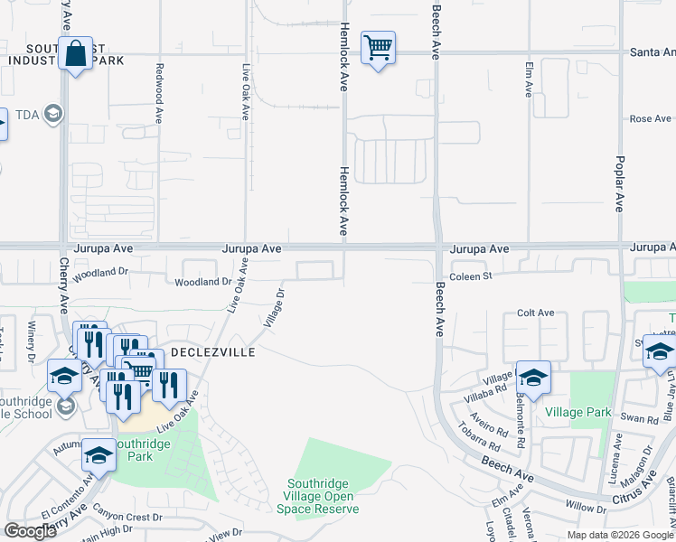 map of restaurants, bars, coffee shops, grocery stores, and more near 11353 Zinnia Way in Fontana