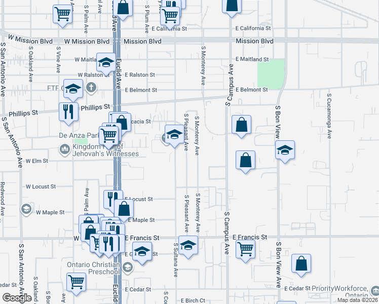 map of restaurants, bars, coffee shops, grocery stores, and more near 1461 South Pleasant Avenue in Ontario