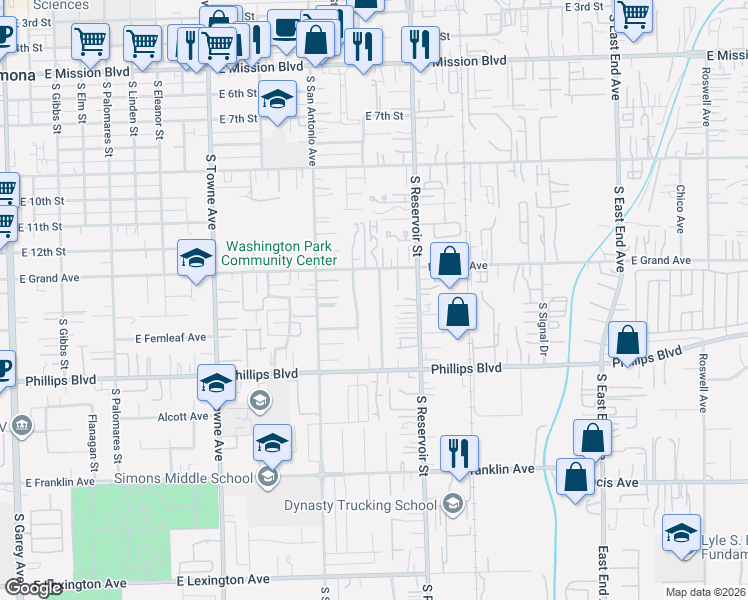 map of restaurants, bars, coffee shops, grocery stores, and more near 1368 South Mountain View Avenue in Pomona