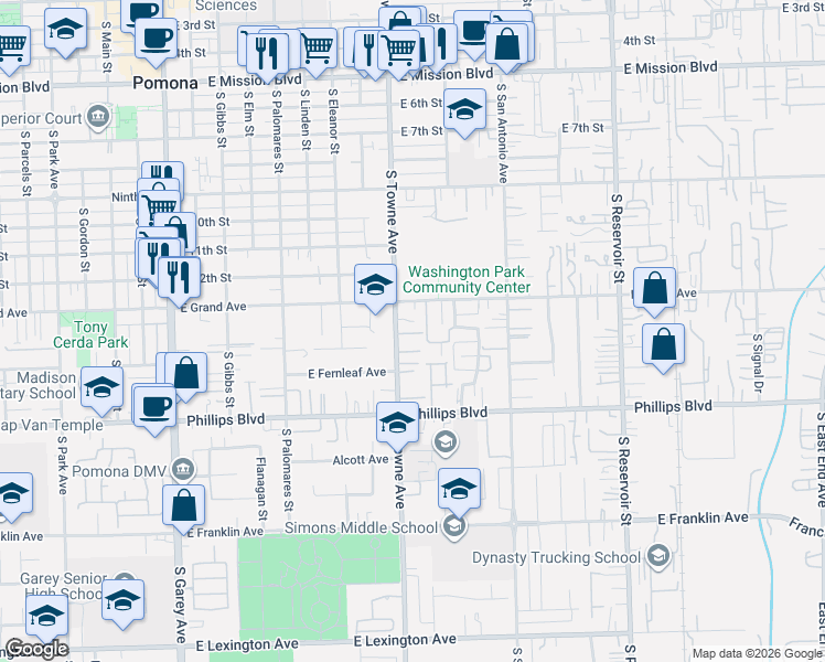 map of restaurants, bars, coffee shops, grocery stores, and more near 1350 South Towne Avenue in Pomona