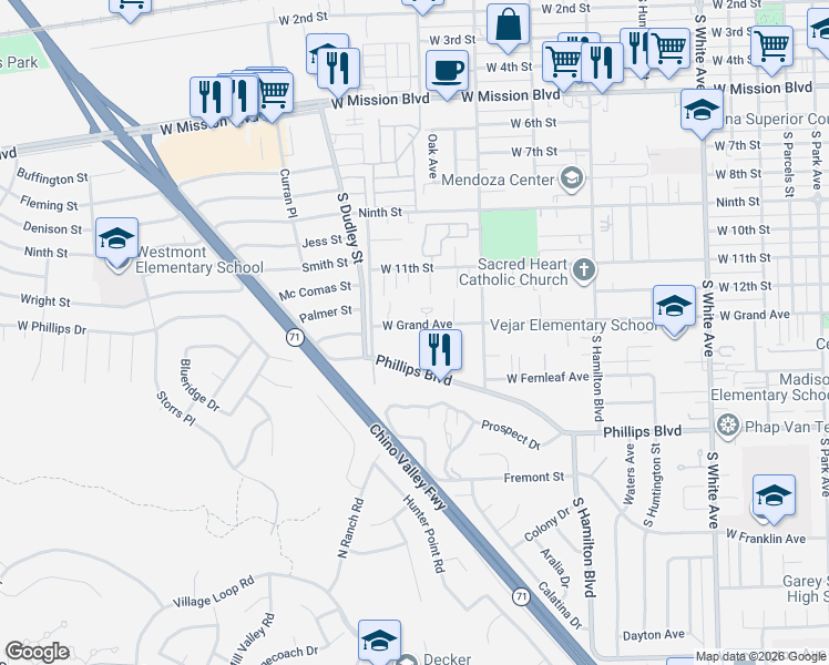 map of restaurants, bars, coffee shops, grocery stores, and more near 1408 West Grand Avenue in Pomona