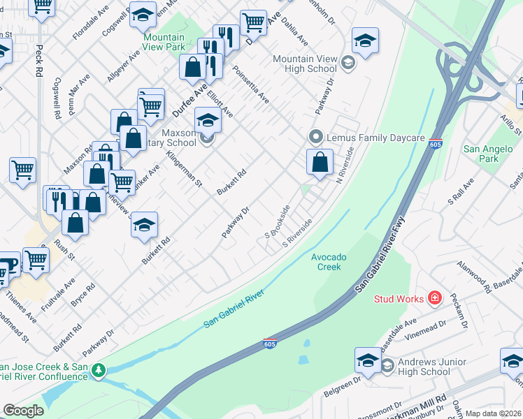 map of restaurants, bars, coffee shops, grocery stores, and more near 12620 Felipe Street in El Monte
