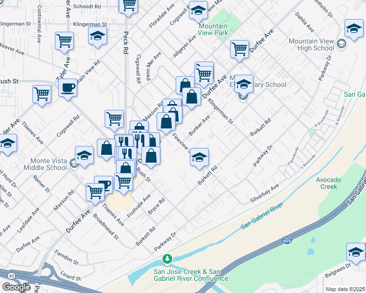 map of restaurants, bars, coffee shops, grocery stores, and more near 2145 Bunker Avenue in El Monte