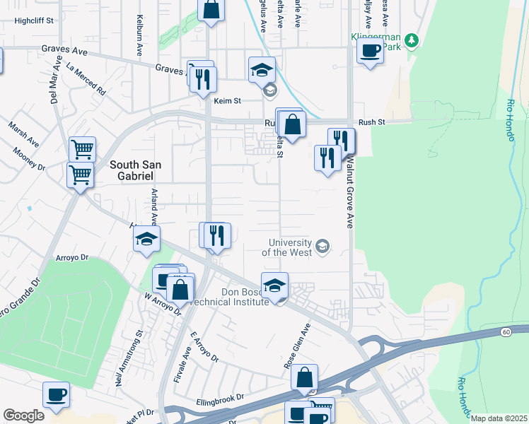 map of restaurants, bars, coffee shops, grocery stores, and more near 1605 Delta Street in Rosemead
