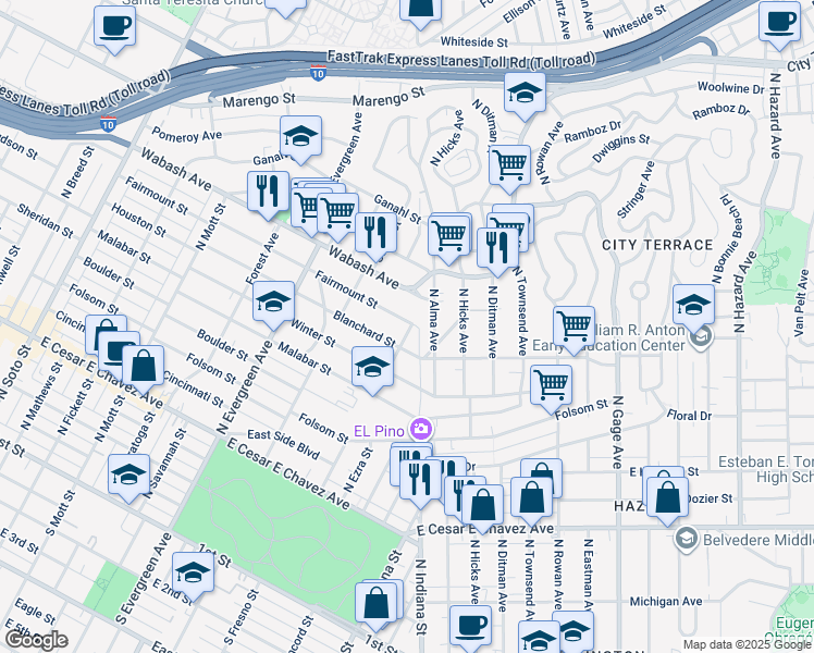 map of restaurants, bars, coffee shops, grocery stores, and more near 3208 Fairmount Street in Los Angeles