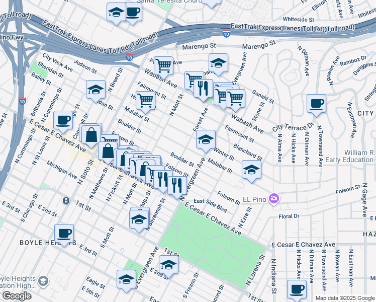 map of restaurants, bars, coffee shops, grocery stores, and more near 614 Forest Avenue in Los Angeles