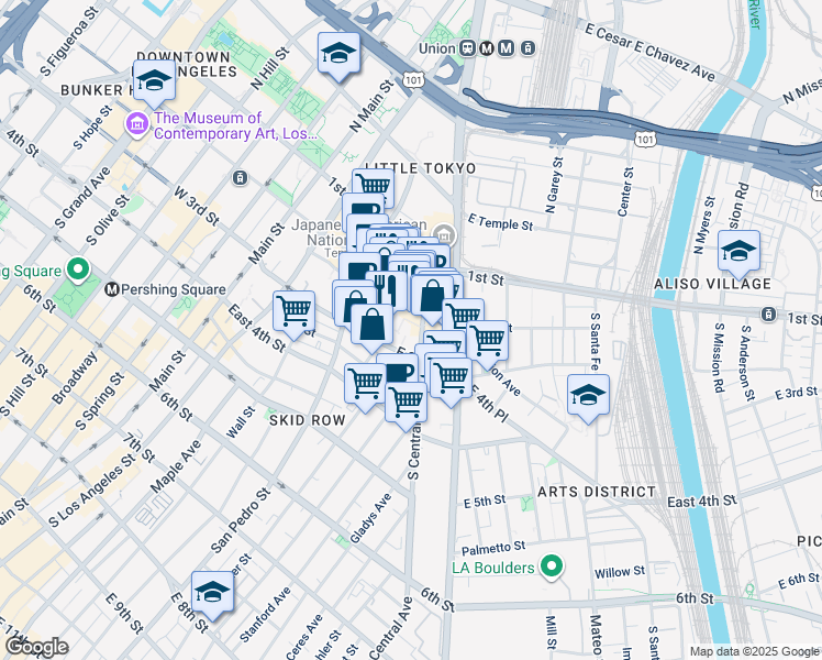 map of restaurants, bars, coffee shops, grocery stores, and more near 455 East 3rd Street in Los Angeles
